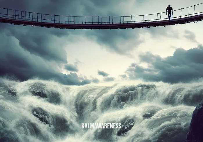 take a moment to think of just flexibility love and trust _ Image: A bridge suspended over troubled waters, with a person hesitating to cross.Image description: A bridge hangs over turbulent waters, a person stands at its edge, contemplating the leap.