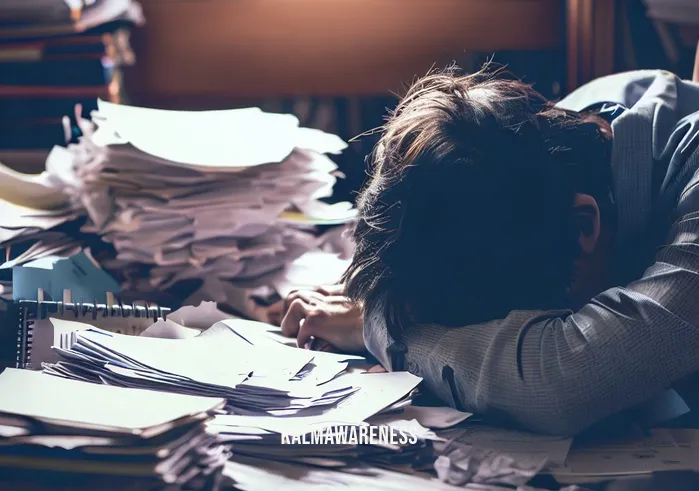take pause definition _ Image: A cluttered, chaotic desk covered in paperwork, with a stressed person hunched over it.Image description: A cluttered workspace overwhelmed by piles of paperwork, creating a sense of disarray and stress.
