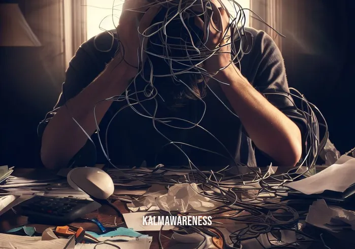 the nature of the mind _ Image: A cluttered, chaotic desk with scattered papers, a tangled web of wires, and a frustrated person with their head in their hands.Image description: The initial state of a cluttered mind, overwhelmed by distractions and disorganization.