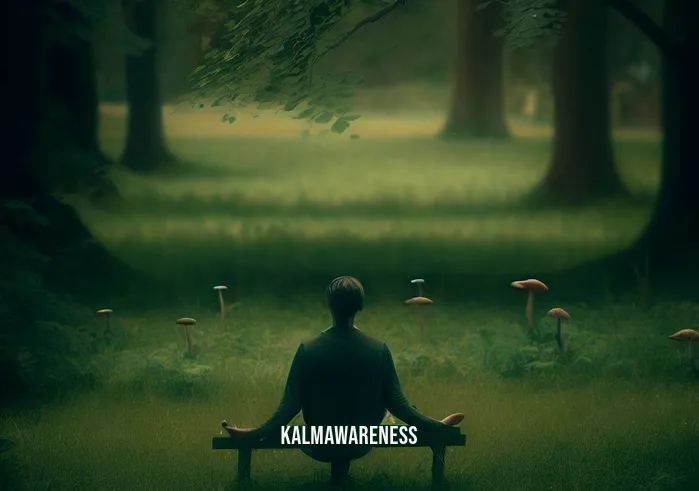 mushroom meditation _ Image: A serene park setting with a person sitting on a bench, eyes closed, hands resting on their lap, a few scattered mushrooms peeking through the grass.Image description: Amidst nature