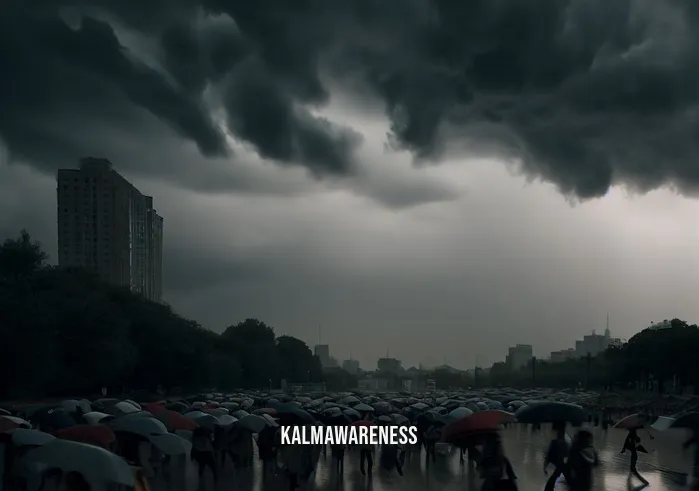 the rain is my friend _ Image: A gloomy sky over a city park with people hurriedly closing umbrellas.Image description: Dark rain clouds loom overhead as pedestrians scurry, seeking shelter.