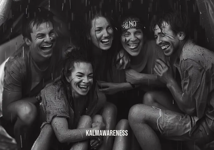 the rain is my friend _ Image: A group of drenched friends huddled under a small awning, laughing.Image description: They find refuge, sharing laughter and camaraderie under the limited shelter.