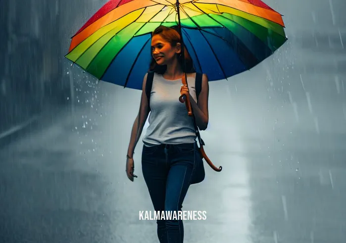 the rain is my friend _ Image: A young woman with a rainbow-colored umbrella walks confidently in the rain.Image description: She strides through the rain, embracing it with a vibrant umbrella.