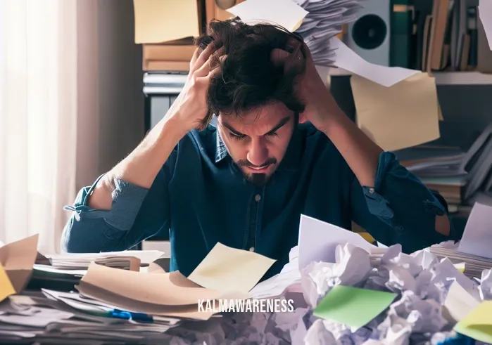 the way of mindfulness _ Image: A cluttered, messy desk with scattered papers and a stressed-looking person sitting in front of it. Image description: A cluttered workspace with disorganized papers and a person looking overwhelmed.