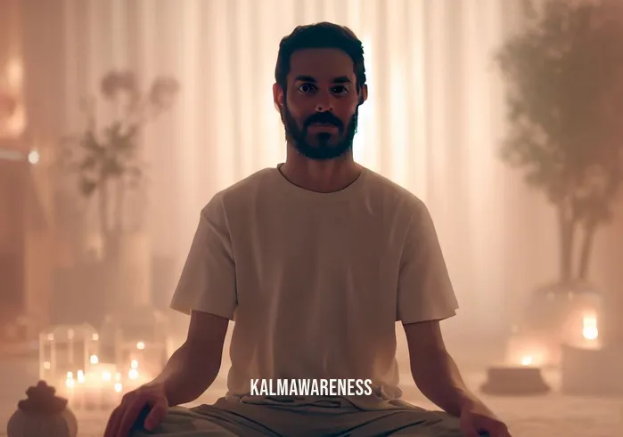 the way of mindfulness _ Image: The person is now seated cross-legged on the floor with a serene expression, surrounded by soft lighting and calming decor. Image description: The person has moved to a tranquil setting with soft lighting and a serene atmosphere.