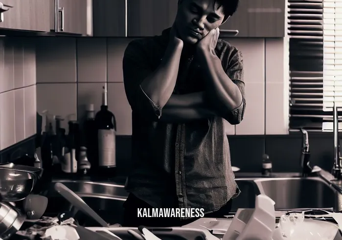 things we do everyday without noticing _ Image: A person sighing in frustration, standing in front of the sink with their arms crossed, staring at the mess.Image description: A frustrated individual, wearing a disheveled expression, contemplating the daunting task of tackling the kitchen disaster.