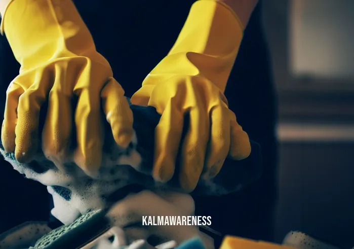 things we do everyday without noticing _ Image: A person putting on rubber gloves, grabbing a sponge, and starting to tackle the dirty dishes.Image description: Determination in their eyes as they prepare to dive into the pile of dirty dishes, armed with rubber gloves and a scrubbing sponge.