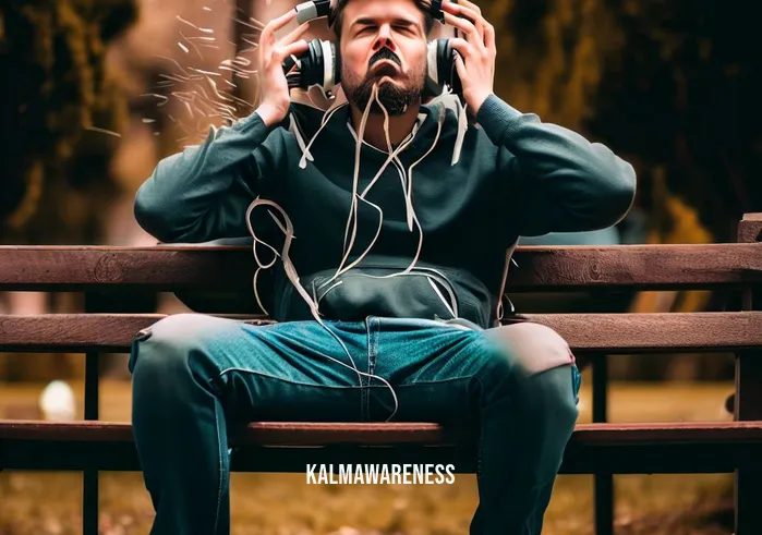 train the mind to respond, not react _ Image: A person sitting on a park bench, surrounded by noise-canceling headphones, attempting to find tranquility. Image description: They have a furrowed brow, struggling to find inner calm amid the chaos.