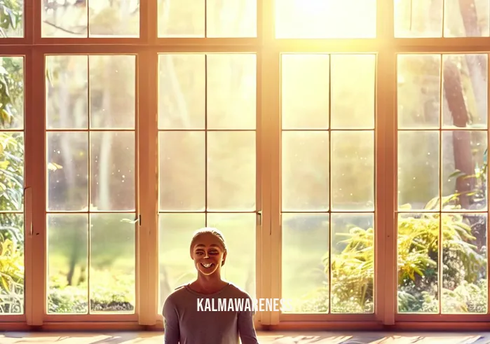 train the mind to respond, not react _ Image: A serene, sunlit room with large windows overlooking a peaceful garden. Image description: The same person now meditating peacefully, a smile of contentment on their face.