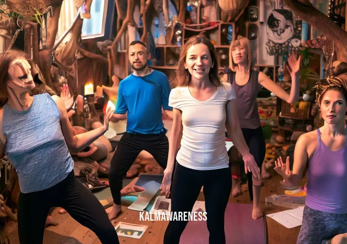 twisted tree yoga den _ Image: A group of yoga enthusiasts, frustrated expressions on their faces, attempting to find a peaceful spot amid the cluttered room.Image description: Frustrated yoga practitioners struggling to practice in the cluttered and disorganized environment of the Twisted Tree Yoga Den.