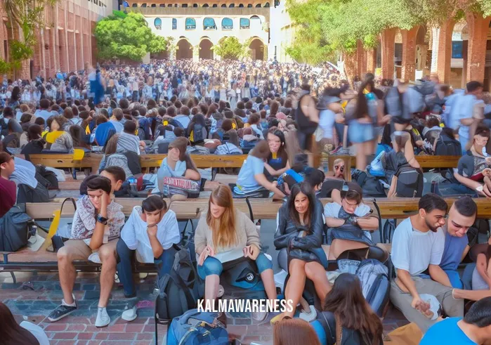 ucla meditation classes _ Image: A crowded, bustling UCLA campus courtyard with students sitting on benches, looking stressed and overwhelmed.Image description: Students at UCLA gathered in a busy courtyard, appearing stressed and overwhelmed by their academic workload.
