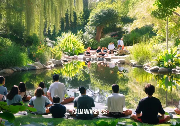 ucla meditation classes _ Image: A serene outdoor setting with a tranquil pond, surrounded by lush greenery, where students are now meditating peacefully.Image description: Students at UCLA find serenity by a peaceful pond, surrounded by lush greenery, fully immersed in their meditation practice.