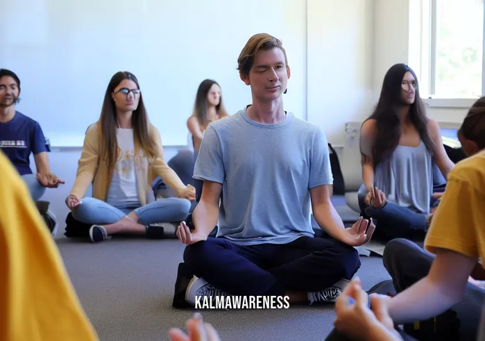 ucla meditation classes _ Image: A classroom with students sitting in a circle, engaged in a guided meditation session, their faces relaxed and serene.Image description: In a classroom at UCLA, students sit in a circle, engaged in a guided meditation session, their faces displaying calm and serenity.
