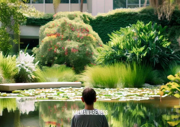 ucsd mindfulness _ Image: A serene, outdoor setting on the UCSD campus with a tranquil pond surrounded by lush greenery. A lone student sits by the water, looking contemplative.Image description: Amidst the bustling campus, a student has found solace by a peaceful pond. They sit cross-legged, eyes closed, practicing mindfulness amidst nature