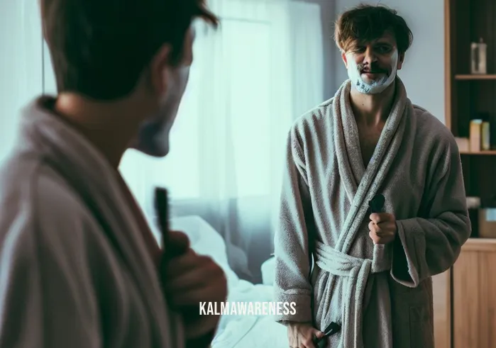 waking up pictures _ Image: The person is standing in front of a mirror, brushing their teeth with vigor. They are fully awake now, wearing a bathrobe, and the room behind them is neat and tidy.Image description: The transformation from groggy to alert is complete. The person
