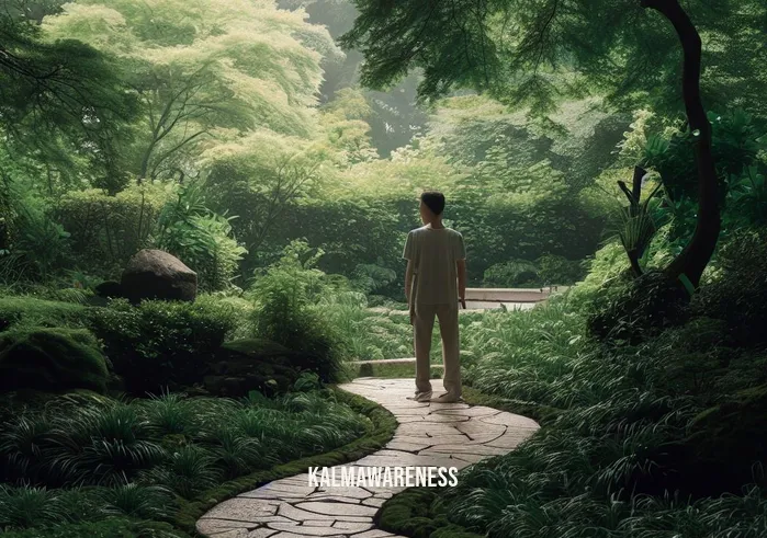 walking meditation quotes _ Image: A tranquil park with a winding stone path surrounded by lush greenery.Image description: A person in comfortable clothing stands at the path