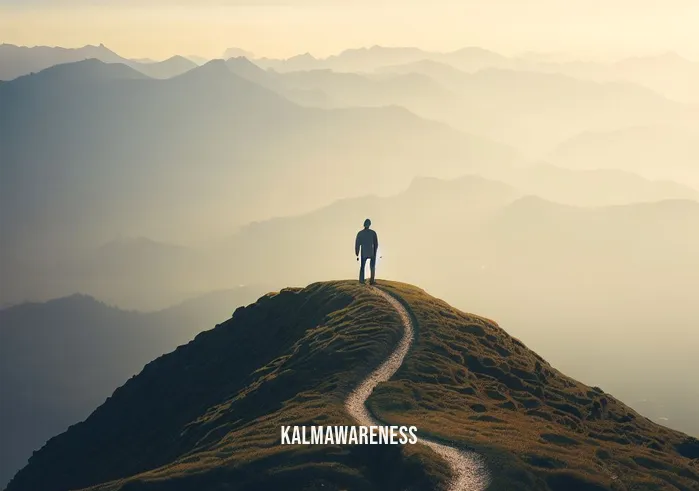 walking meditation quotes _ Image: A serene mountaintop with a winding trail leading to a breathtaking view.Image description: The person is now confidently walking the mountain trail, fully immersed in the present moment.