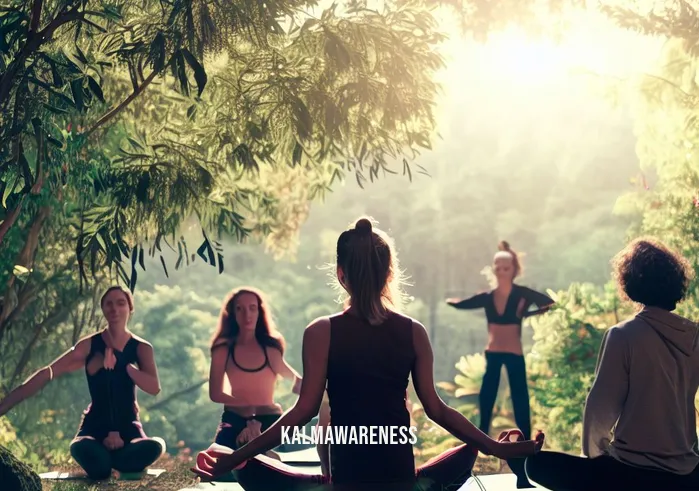 walking winds holistic center _ Image: A serene, natural outdoor setting with individuals in yoga poses and meditation. Image description: As they step outside, the group finds serenity in a beautiful outdoor space, practicing yoga and meditation to regain their balance.