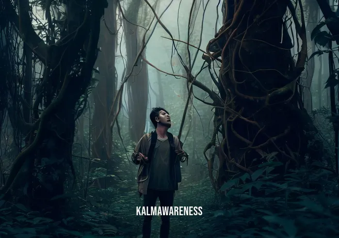 wandering aimlessly _ Image: A person lost in a dense forest, surrounded by towering trees and tangled underbrush.Image description: A bewildered individual stands amidst the dense foliage, looking disoriented and clutching a map.