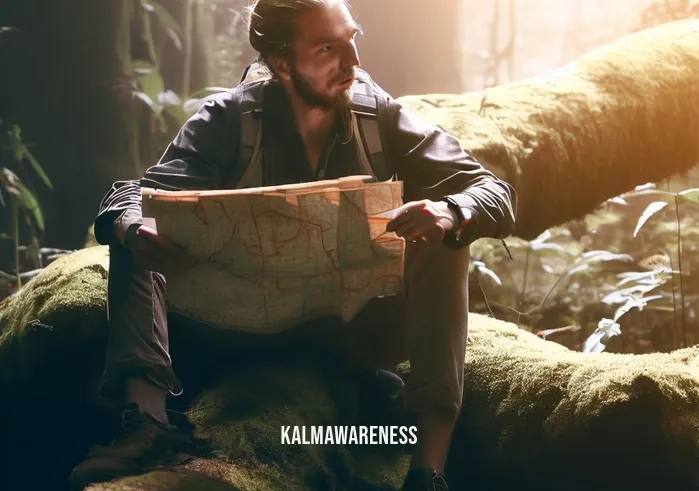 wandering aimlessly _ Image: The same person now sitting on a fallen log, examining the map with a determined expression.Image description: Seated on a moss-covered log, the person studies the map intently, sunlight filtering through the canopy above.