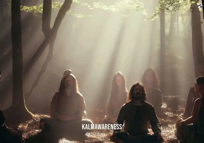 warriors at ease training _ Image: A serene forest clearing bathed in dappled sunlight, warriors now sitting in a circle, surrounded by their mentors, who exude wisdom and calm.Image description: Warriors in a meditation session, eyes closed, hands resting on their knees, finding inner peace as they learn to harness their mental strength.