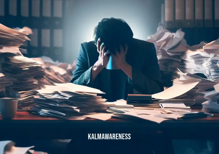 watch programa de reduccition de estrtios basado en mindfulness videos _ Image: A cluttered office desk with piles of paperwork, a stressed person sitting amidst the chaos, looking overwhelmed.Image description: The initial scene portrays a cluttered workspace, symbolizing the chaos of everyday life and the burden of excessive stress.