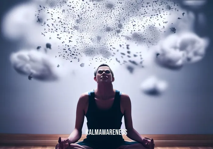 watch programa de reduccition de estrtios basado en mindfulness videos _ Image: A person sitting on a yoga mat with their eyes closed, surrounded by scattered thoughts represented by floating clouds of stress.Image description: In this image, the individual begins their mindfulness journey, finding a quiet moment amidst the mental clutter.