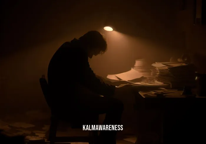 well of suffering tutorial _ Image: A dimly lit room with a person sitting alone, hunched over a desk cluttered with papers and a furrowed brow.Image description: In the dimly lit room, a lone figure sits at a cluttered desk, surrounded by disorganized papers, their brow furrowed in deep contemplation.