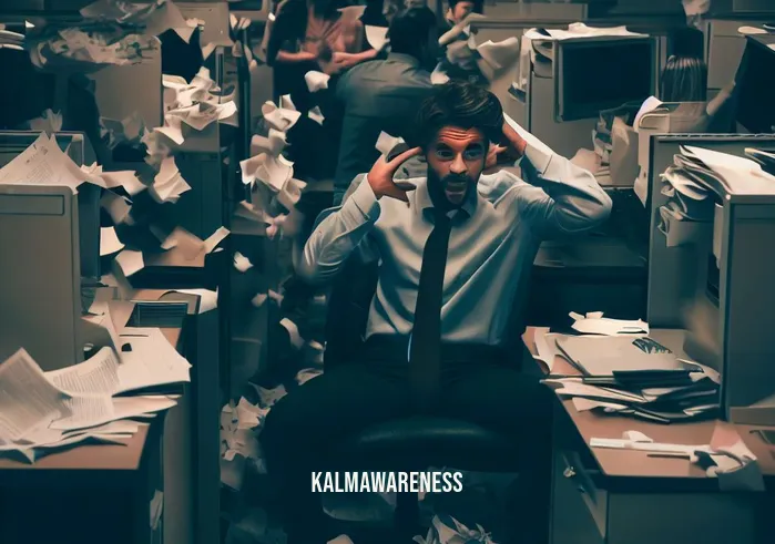 wellness guide meditation resilience _ Image: A chaotic office cubicle with scattered papers and stressed employees. Image description: In a cluttered and tense office space, employees are overwhelmed with work, appearing stressed and anxious.