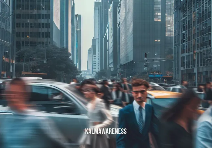 wendy suzuki 13 minute meditation _ Image: A bustling city street during rush hour, filled with people in a hurry, looking stressed and anxious.Image description: Pedestrians in business attire, heads down, walking briskly amidst a sea of honking cars and towering buildings.