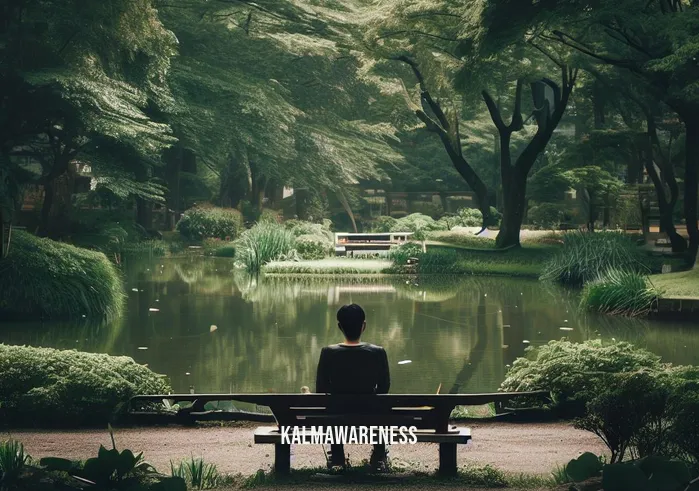 wendy suzuki 13 minute meditation _ Image: A serene park, with a peaceful pond surrounded by lush greenery and a few scattered benches.Image description: A solitary figure sitting cross-legged on a park bench, attempting to find calm amidst the urban chaos.