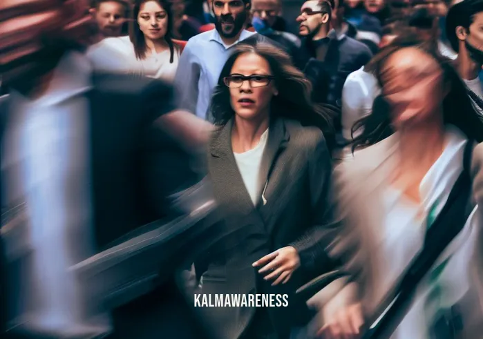 what is micro-meditation _ Image: A crowded, bustling city street during rush hour. People are hurrying past each other, looking stressed and distracted.Image description: A chaotic urban scene with people in business attire rushing in all directions. Frowns and tension are evident on their faces.
