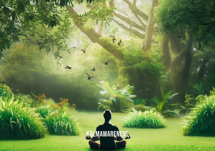 what is micro-meditation _ Image: A tranquil park with a person sitting cross-legged on the grass, meditating amidst lush greenery and chirping birds.Image description: A person meditating in a peaceful natural environment, finding inner calm as they connect with nature and their breath.