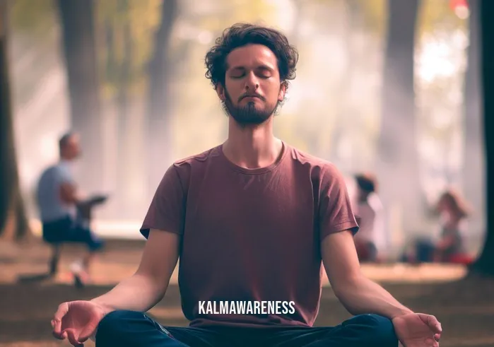 wise mind body meditation _ Image: A person practicing mindful breathing, finding inner calm despite external distractions. Image description: The same person now sits peacefully, practicing mindful breathing amidst the park