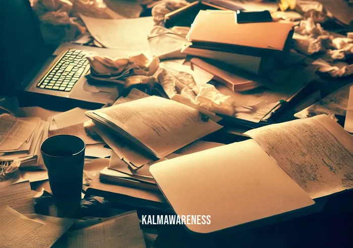 wise mind meditation script _ Image: A cluttered and chaotic desk covered in papers, notebooks, and a disheveled laptop.Image description: The desk is a mess, symbolizing a scattered and overwhelmed mind.