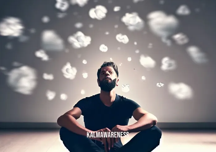 wise mind meditation script _ Image: A person sitting cross-legged on the floor, surrounded by scattered thoughts represented by floating thought bubbles.Image description: The individual is trying to find focus amidst the chaos of their racing thoughts.