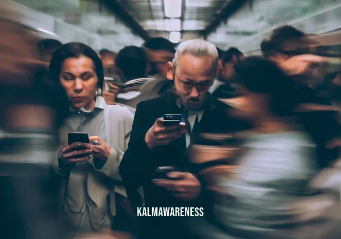 word for living in the moment _ Image: A crowded subway station during rush hour, people rushing past each other, absorbed in their phones and looking stressed.Image description: Commuters at a busy subway station, faces buried in phones, lost in the chaos of daily life.