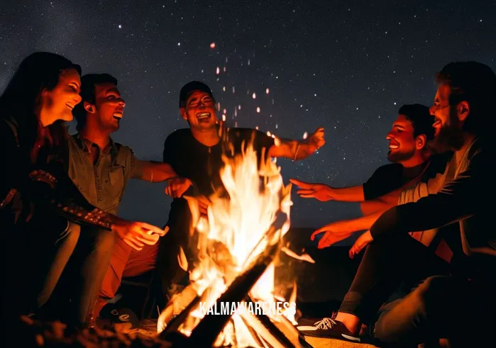 word for living in the moment _ Image: A group of friends gathered around a campfire, sharing stories and laughter under a starry night sky.Image description: Friendship and joy around a crackling campfire, under a starlit sky, living in the moment.