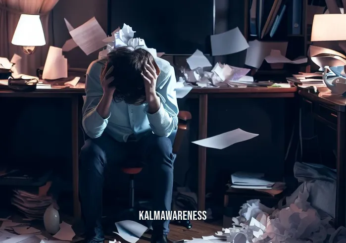 meditation for disorders _ Image: A chaotic room with scattered papers, a stressed person in front of a computer.Image description: A cluttered workspace with papers strewn about, a person in distress hunched over a computer, overwhelmed by disorder.