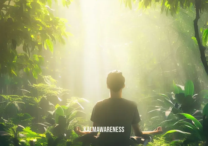 meditation for disorders _ Image: A serene natural setting, a person sitting cross-legged amidst lush greenery.Image description: A tranquil forest scene, sunlight filtering through leaves, a person sitting peacefully in a cross-legged meditation pose, finding solace in nature.