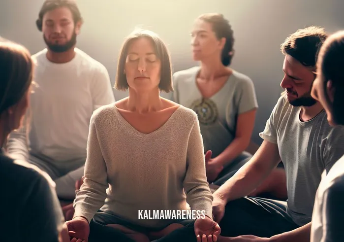 meditation for disorders _ Image: A group meditation session with people sitting in a circle, eyes closed, breathing deeply.Image description: A group of individuals sitting in a circle, eyes closed, practicing meditation, their collective energy fostering a sense of calm and unity.