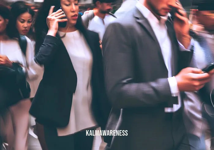 a walking life _ Image: A crowded city sidewalk during rush hour. Image description: People in business attire rushing past each other, absorbed in their phones, with stressed expressions.