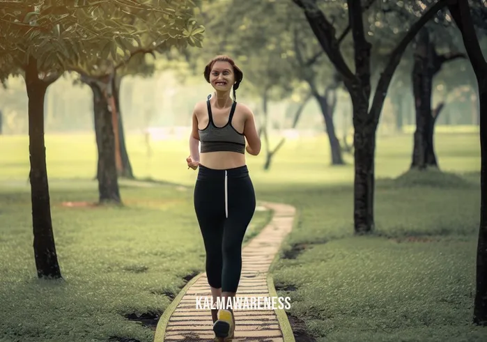 a walking life _ Image: A serene park with a walking path surrounded by trees. Image description: A woman in workout attire taking her first steps on the path, looking determined to make a change.