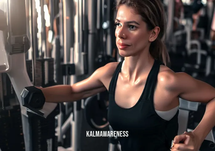 a walking life _ Image: A gym with various exercise equipment. Image description: The same woman now at the gym, trying out different machines and lifting weights, sweat on her brow.