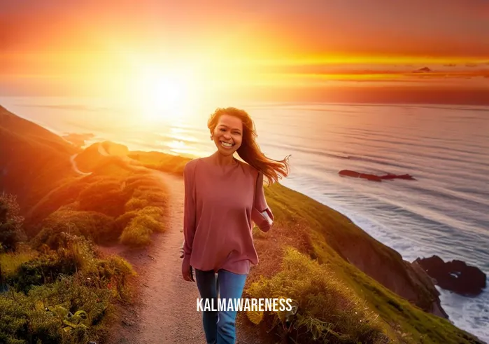 a walking life _ Image: A coastal trail with a breathtaking sunset. Image description: The woman walking along the scenic trail, smiling and relaxed, as the sun dips below the horizon.