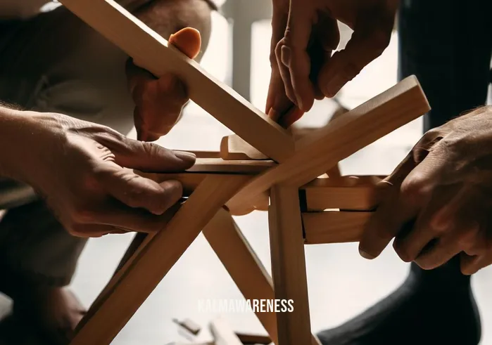 diy cross legged chair _ Image: Two people working together, trying to fit wooden pieces into a cross-legged chair frame. Image description: Two individuals collaborating to assemble a cross-legged chair, carefully aligning wooden components.