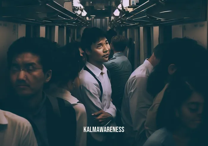 be mindful of others _ Image: Inside the train, passengers are packed like sardines, everyone avoiding eye contact, feeling the discomfort of the cramped space.Image description: Passengers crammed inside the train, uncomfortable and disconnected, avoiding any interaction.