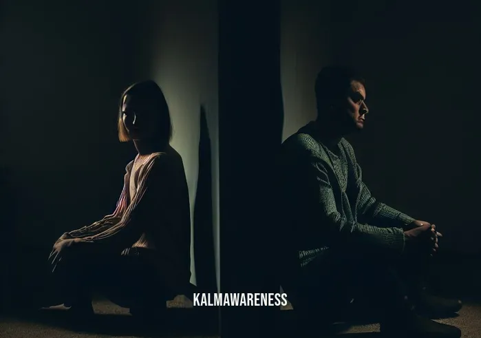 meditation for relationship anxiety _ Image: A dimly lit room with a couple sitting apart, both looking tense and anxious. Image description: A couple sits on opposite ends of a dimly lit room, their faces filled with tension and anxiety.