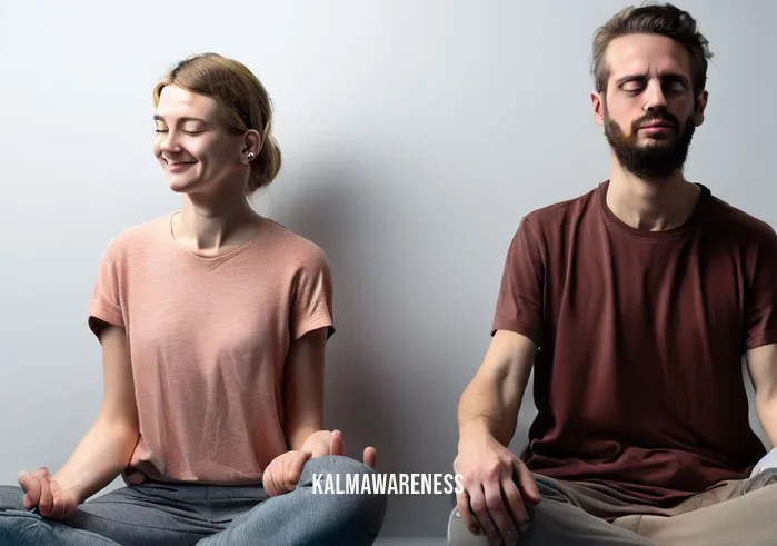 meditation for relationship anxiety _ Image: The same couple now sits cross-legged on yoga mats, attempting to meditate, but their expressions still reflect unease. Image description: The couple, now seated on yoga mats, tries to meditate, but their faces show traces of lingering anxiety.