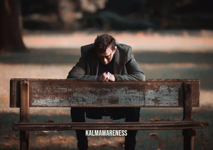 relationship anxiety meditation _ Image: A person sitting alone on a park bench, looking anxious and lost in thought.Image description: In a serene park, under a gentle autumn sun, an individual sits on a weathered wooden bench, their brow furrowed with anxiety.